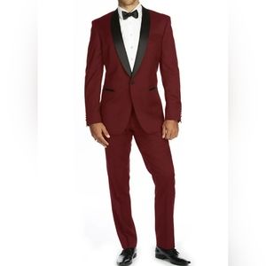 NEW Gino Vitale Slim Fit Solid Burgundy Tuxedo Suit Set W/ Shawl Lapel 50L/44W